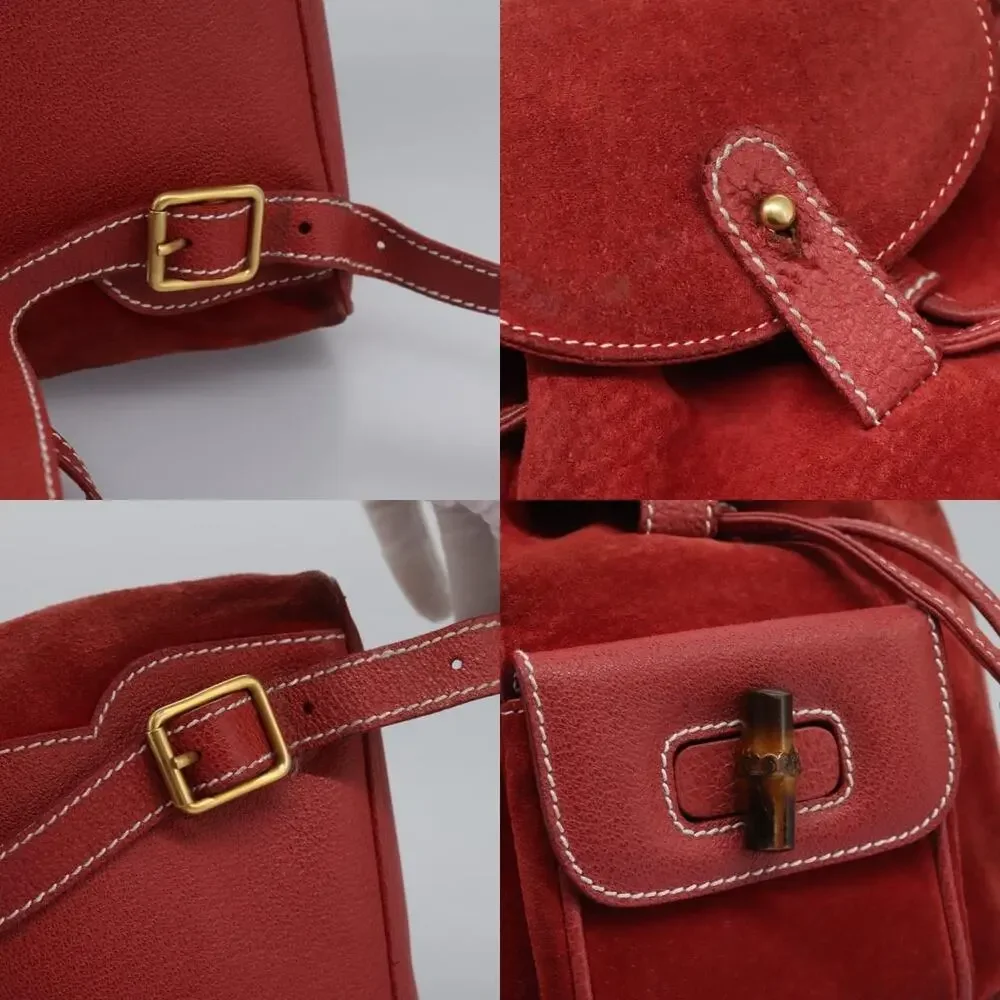Gucci Bamboo Suede Leather Backpack Red